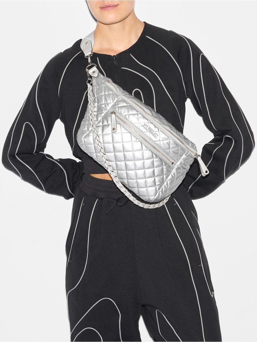 MZ Wallace Quilted Metallic Silver Crossbody Belt Bag - Picture 2 of 5